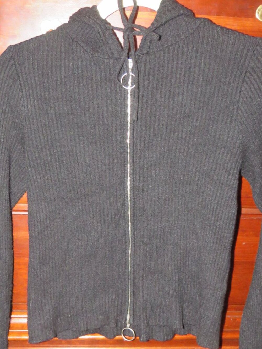 Orange Kiss Essentials Black Ribbed Knit Ful Front 2 Wayl Zip Hoodie Size M